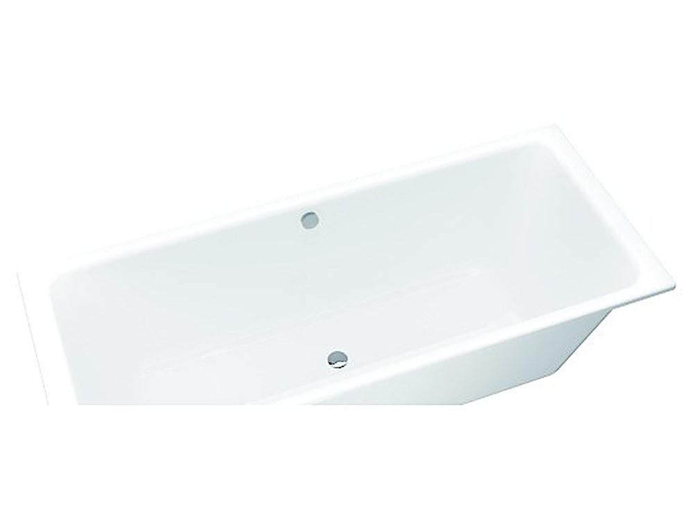 Rectangular inset bathtub with central drain, white acrylic