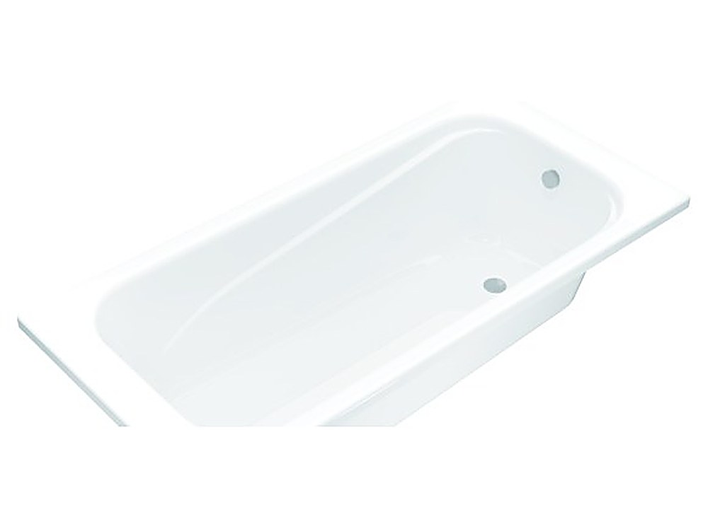 White skirted acrylic bathtub with front apron panel for alcove installation &mdash; studio view on white background