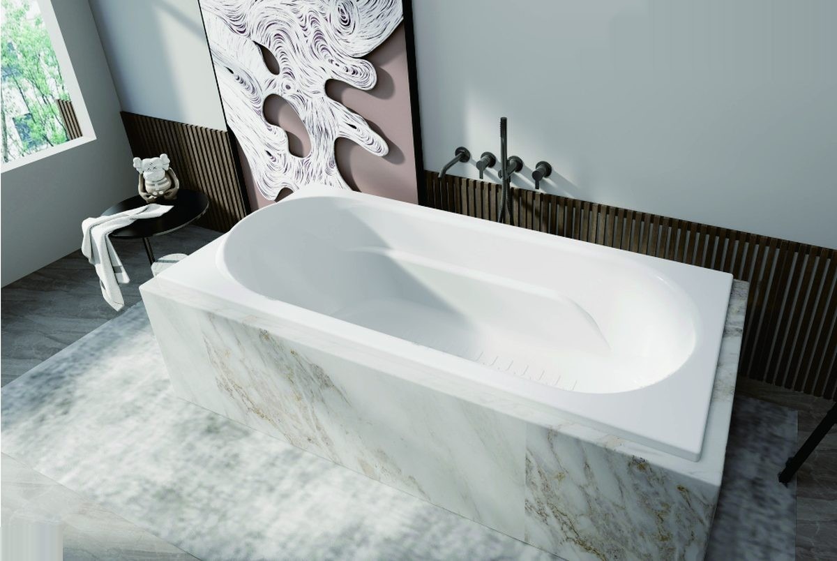 White skirted acrylic bathtub with front apron panel for alcove installation