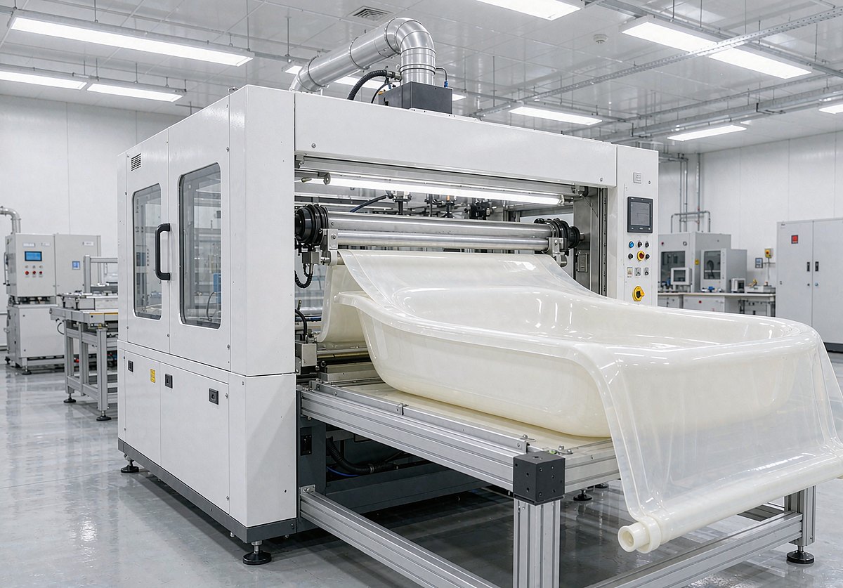 Vacuum thermoforming machine shaping an acrylic sheet into a bathtub