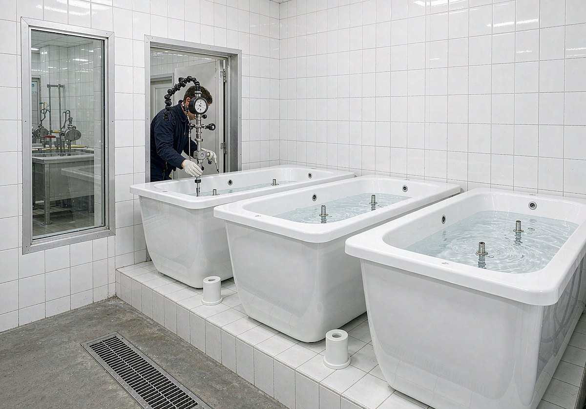 Water leakage test station for acrylic bathtubs and shower trays