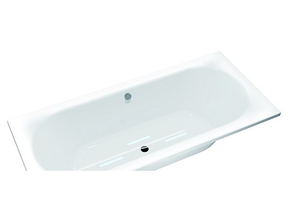 White skirted acrylic bathtub with front apron panel for alcove installation &mdash; studio view on white background